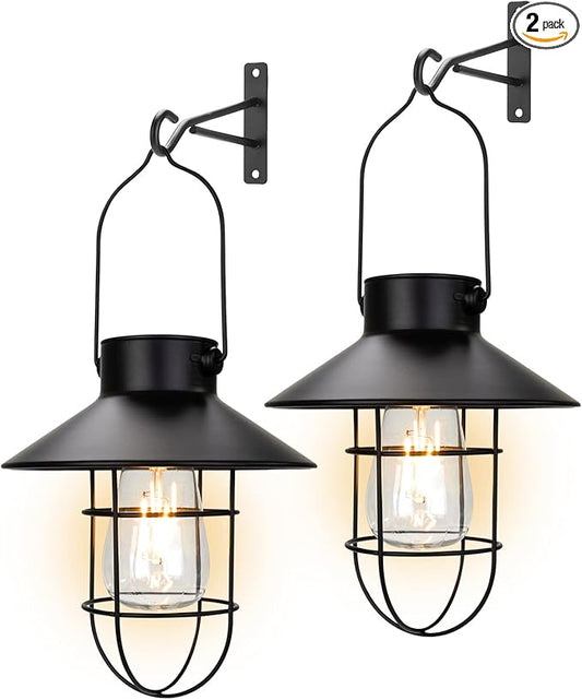pearlstar Solar Lantern Outdoor 2 Packs Hanging Light Metal Solar Lamp with Warm White Edison Bulb Design for Garden Yard Patio Proch Decor(Black) - Bloomnest
