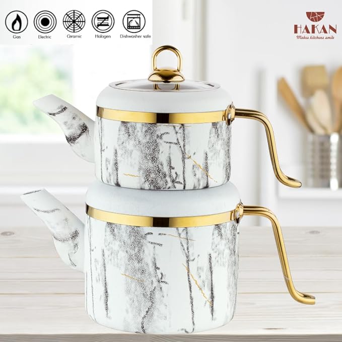 Hakan Melody Turkish Tea Pot Set | 3.5 L Tea Kettles for Stovetop with Stainless Steel Handless and Glass Lid | Aluminum Body Tea Maker | Double Stovetop Kettles with Granite Cover, White 3.6 qt - Bloomnest