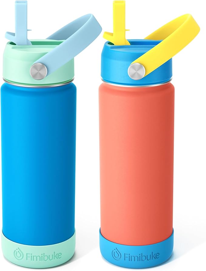 Fimibuke Kids Insulated Water Bottle, 18oz BPA FREE Kids Cups with Straw Double Wall Vacuum Tumbler 18/8 Stainless Steel Leak Proof Toddler Water Bottle for School Boys Girls (2 Pack, Ocean Life) - Bloomnest