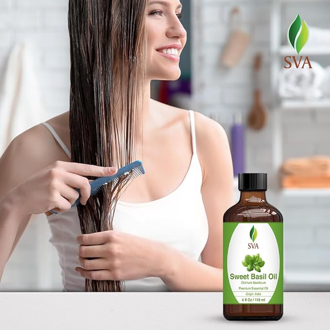 SVA Sweet Basil Essential Oil – 4 Fl Oz – 100% Natural Basil Oil - for Diffuser, Hair Care, Face, Skin Care, Aromatherapy, Scalp and Body Massage, Soap and Candle Making – with Dropper - Bloomnest