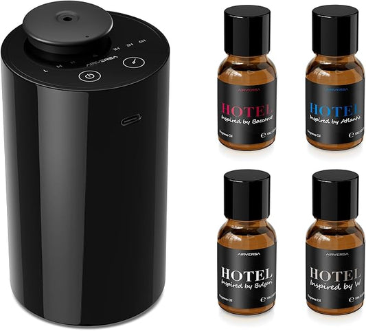 Airversa Waterless Essential Oil Diffuser Starter Kit with 4 x 10mL Hotel Scent Fragrance Oil, Battery Operated Mini Scent Air Machine Portable Diffuser for Home Car Office, AN6Kit-04 Black - Bloomnest