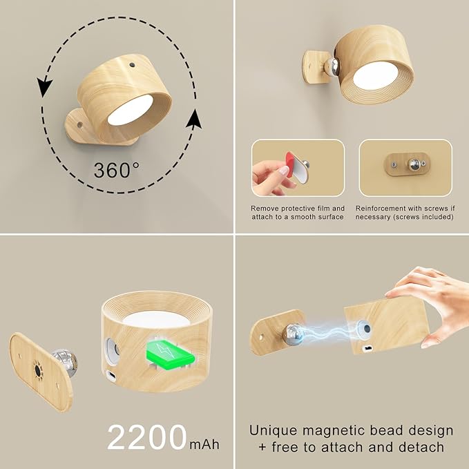 3Pack Battery Operated Wall Sconce, 3 Color Modes 3 Brightness Levels 360°Rotation Lighting Timer Touch & Remote Control, Wall Mounted Lamp LED Wall Lights for Bedroom Reading Bedside (Wood) - Bloomnest