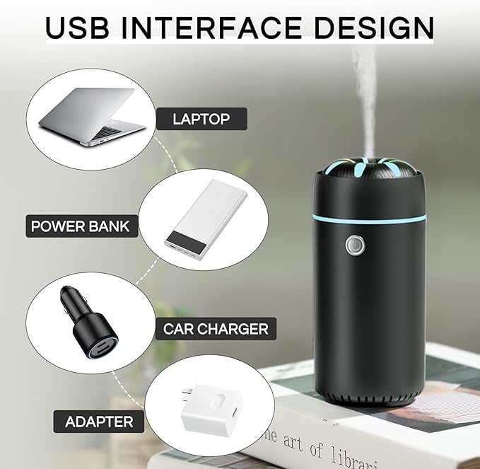 Car Humidifier Diffuser - Smart Cool Mist Air Freshener for Essential Oils - USB for Car, Home, Office, Bedroom (Black) - Bloomnest