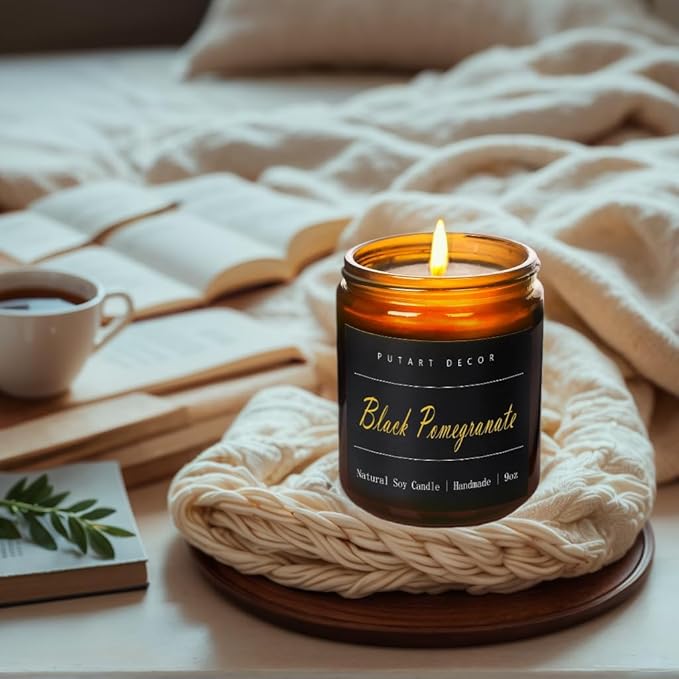 Black Pomegranate Candles for Home Scented，Natural Non Toxic Soy Aromatherapy Candle Gifts for Women & Men, Strong Fragranced & Long Lasting Brown Glass Jar Candles with Essential Oils (9oz) - Bloomnest