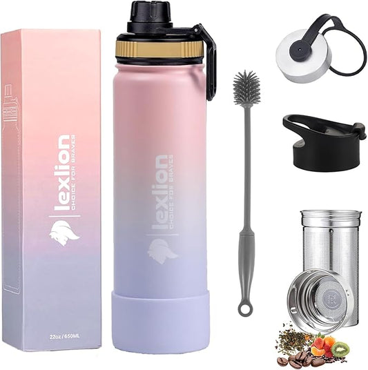 Lexlion Tea Infuser Water Bottle 22 Oz – Triple Wall Insulated Stainless Steel, Loose Leaf & Fruit Strainer, 3 Leakproof Lids, BPA-Free Silicone Sleeve, Reusable Thermal Mug - Bloomnest