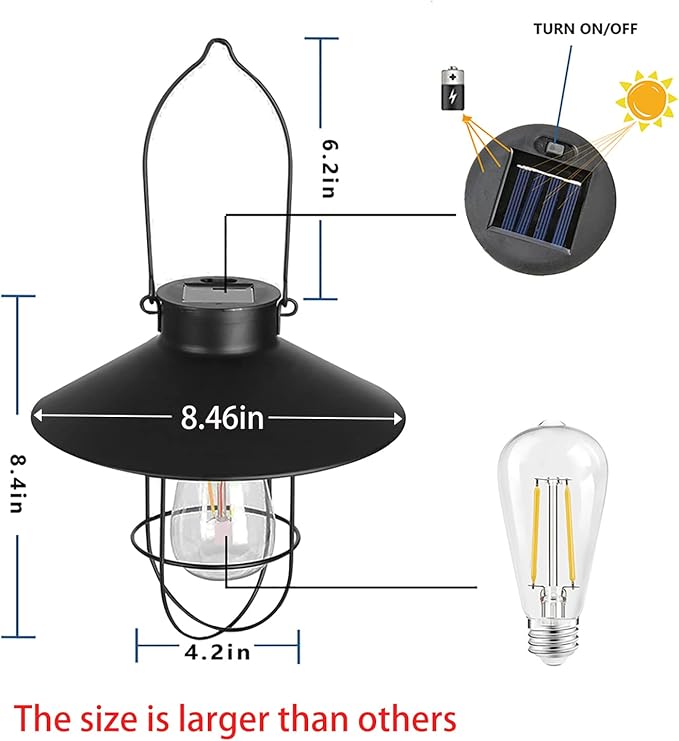pearlstar Solar Lantern Outdoor Hanging Light Metal Solar Lamp with Warm White Edison Bulb Design for Garden Yard Patio Proch Decor(Black) - Bloomnest