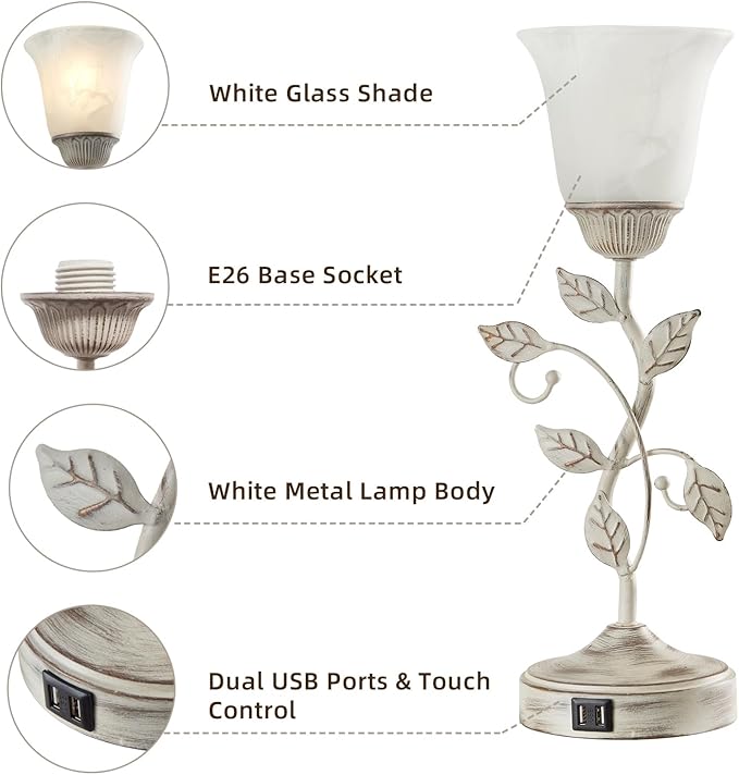RORIANO Rustic Touch Table Lamp for Bedroom, 3-Way Dimmable Nightstand Lamp with 2 USB Ports, Retro Vintage White Glass Shade Leaf Desk Lamp for Living Room Entryway, LED Bulb Included - Bloomnest