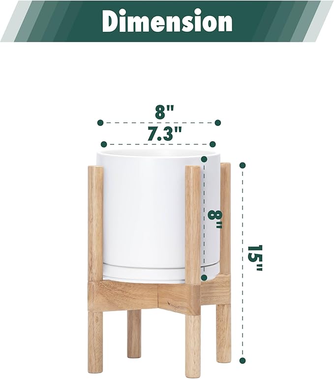 D'vine Dev Ceramic Planter with Natural Stand - 8 Inch Modern Round Flower Pot with Wood Planter Holder, White, 55-B-N-1 - Bloomnest