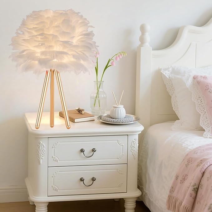 ZYLEIESENBAO White Feather Lamp Furry Table Lamp H16'' Modern Princess Feather Desk Lamp Tripod Fluffy Bedside Nightstand Light for Bedroom Wedding Atmosphere Girl Gift Living Room Retaurant Entryway - Bloomnest