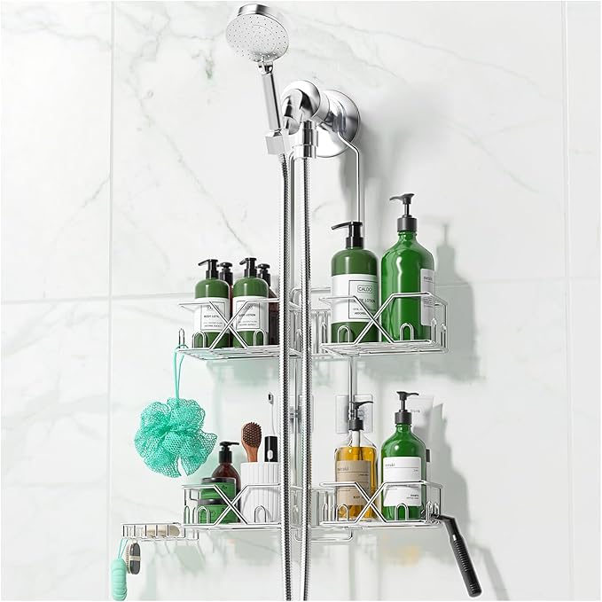 Stainless Steel Shower Caddy Hanging for Handheld Shower Heads,Rustproof Hose Shower Organizer Adjustable Length Shower Rack with 24 Hooks,Razor Holder,Soap Holder - Bloomnest