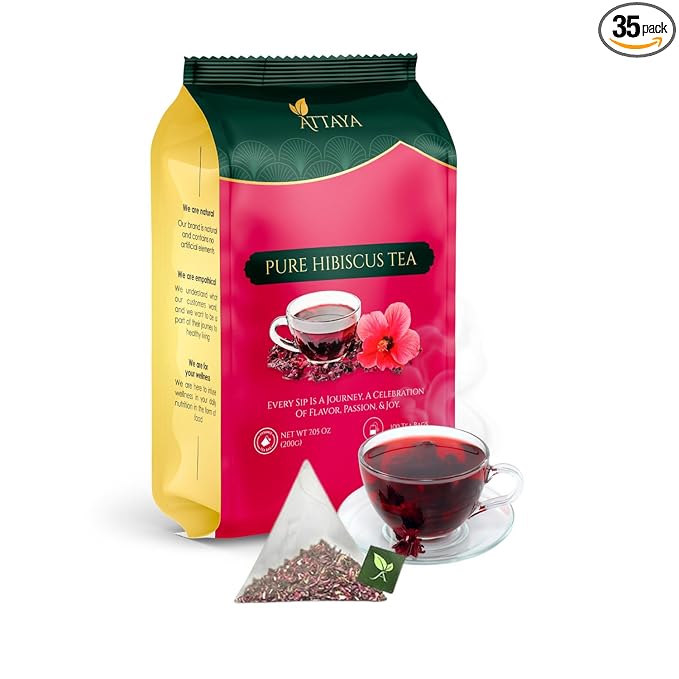 Attaya Pure Hibiscus Tea Bags 35 Count - Premium Herbal Tea - Dried Hibiscus Flowers - Antioxidant-Rich for Wellness & Relaxation - Caffeine-Free, Non-GMO, No Sugar - Eco-Friendly Bags - Bloomnest