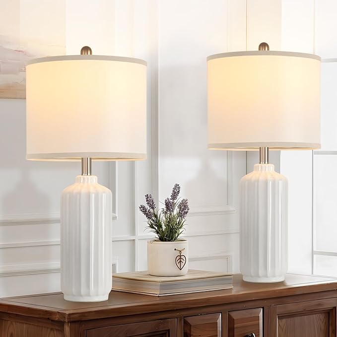 Lamp for Living Room Bedroom Lamps Farmhouse Table Lamps Set of 2 Vertical Stripe Ceramic Table Lamp,Linen Shade with Bulb, 25 in High, White - Bloomnest