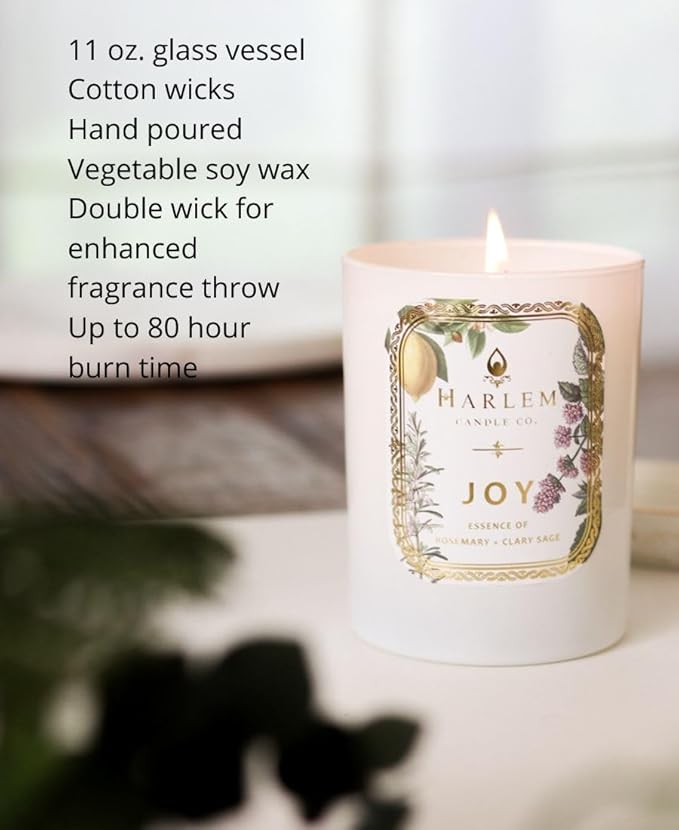 HARLEM CANDLE CO. - Joy - Luxury Scented Soy Candle, 11 oz - 80-Hour Burn Time | Fresh Mint, Italian Lemon, Rosemary, Jasmine Petals, Cedarwood, Amber Musk | Scented Candles for Home - Bloomnest