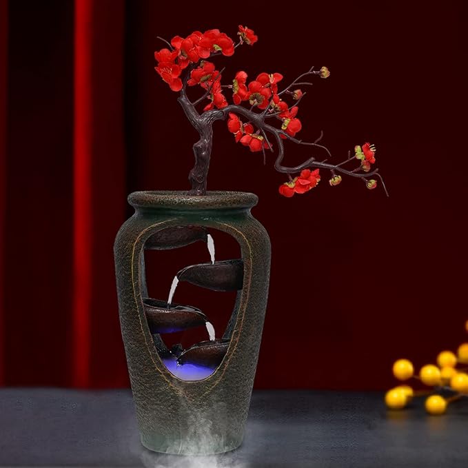 20" Flower Vase Style Bonsai Waterfall Fountain Tabletop Decorative Waterfall with LED Lights and Atomizer, Desktop Water Fountains for Living Room, Cafe Or Office - Bloomnest