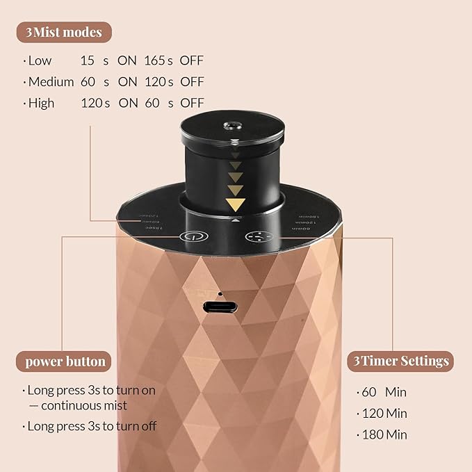 Waterless Diffuser for Essential Oil,Aromatherapy Air Scent Diffuser with 3 Mist Modes and 3 Countdown Timers,Mini Portable Scent Machine for Home,Room,Car,Office,Rose Gold - Bloomnest