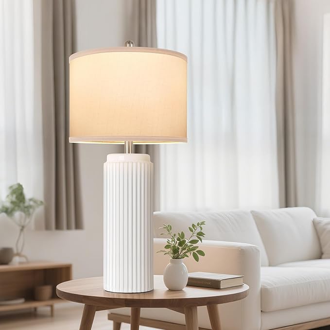 TOBUSA 28’’ Modern White Ceramic Lamps Set of 2 for Living Room, Vintage Nightstand Lamps for Bedroom, Farmhouse Bedside Lamps with Linen Shade, Elegant Decor Lamp Sets for Home Office - Bloomnest