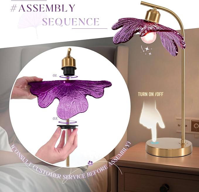 bedside table lamps touch Table lamp Mid Century Modern lamp Gold Desk lamp nightstand lamp vintage desk lamp small table lamp Purple Glass table light for end table Bedroom Living Room farmhouse - Bloomnest