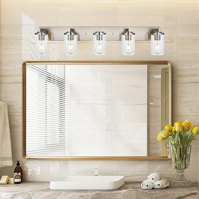BONLICHT Brushed Nickel Bathroom Light Fixtures 5 Light Modern Vanity Lights Industrial Glass Wall Sconce Farmhouse Bath Lighting Over Mirror Wall Mount for Kitchen Living Room Hallway Workshop - Bloomnest