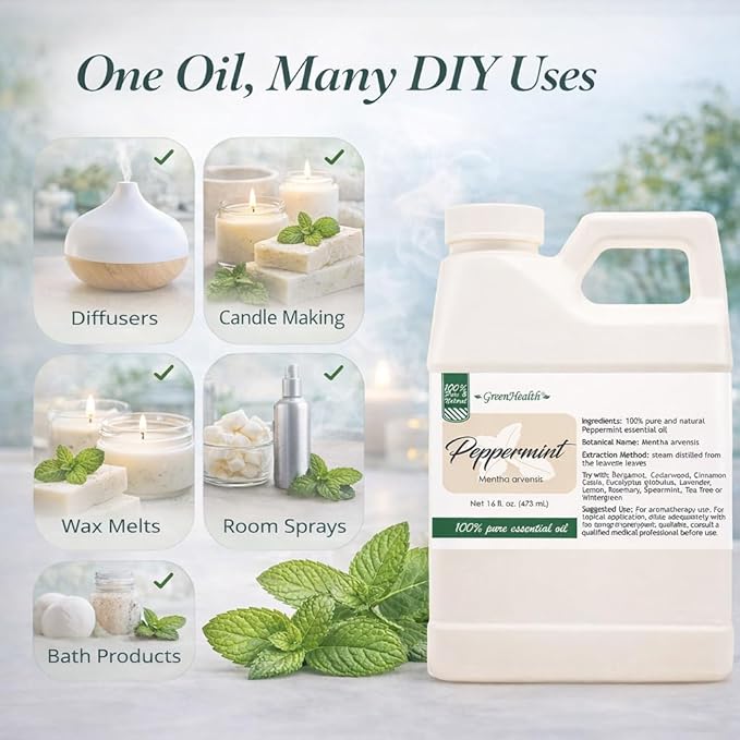 GreenHealth Peppermint Essential Oil – 2 Pack (16 fl oz Each) – 100% Pure & Uncut – White Plastic Jugs – Bulk Essential Oil for Diffusers, DIY, Cleaning Greenals