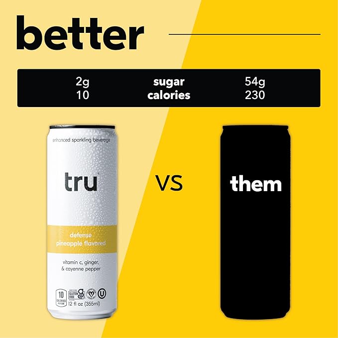 Tru Defense Seltzer, Sparkling Water with Vitamin C, Ginger Extract, Cayenne Pepper & Real Pineapple Juice, Sweetened with Monk Fruit & Stevia, Gluten Free, Vegan, Caffeine Free, 12 FL OZ Can, 12 Pack - Bloomnest