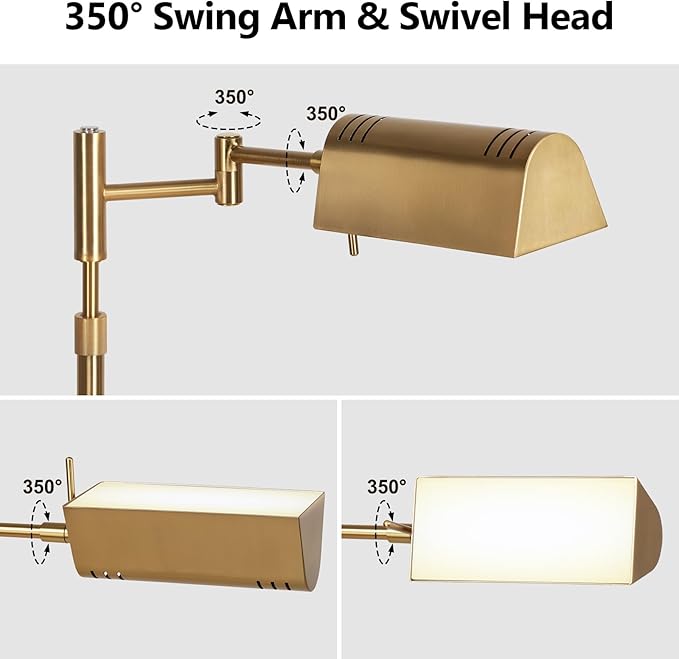 SUNMORY Dimmable LED Pharmacy Floor Lamp, 16W/1500LM Bright Reading Floor Lamp with Remote & Touch Control, 350°Swing Arm, Adjustable Task Craft Standing Lamp for Living Room Bedroom Office, Gold - Bloomnest