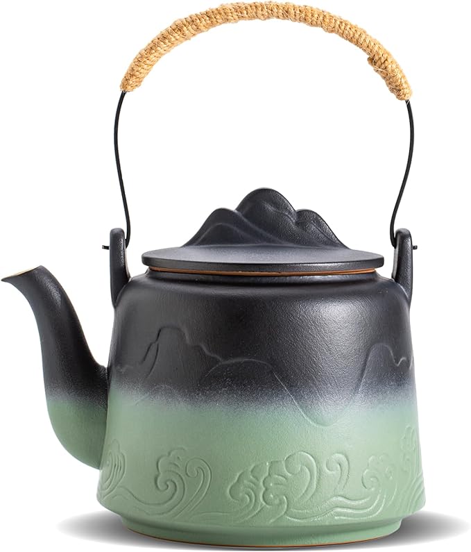 ZENS Vintage Japanese Teapot, 33.8 oz Embossed Ceramic Loose Leaf Teapot with Built-in Strainer for Hot Tea Steeper, Hemp Rope Handle Japanese Tea Brewer Pot for Tea Lovers Gifts - Bloomnest