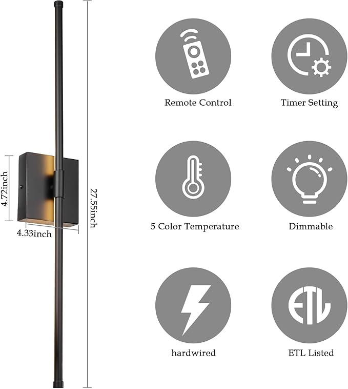 LED Wall Sconces with Remote Control, 5 Colors 3000K-6500K & Dimmable, Hardwire Wall Light with Timer & Night Light, LED Black Wall Lamps for Living Room, Bedroom, 27.55 Inch - Bloomnest