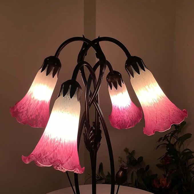 Bieye L10848 Lily Flower Blown Glass Accent Table Lamp for Living Room Bedroom Decoration (4-Light, Pink) - Bloomnest