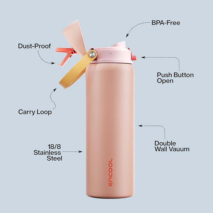 Insulated Water Bottle with Straw - Encool Stainless Steel Water Bottle with Push Button Lid, Leak-Proof & BPA-Free, Keeps Cold for 24 Hours for Sports, Travel, Gym (32 oz, Pink Daisy-Red) ENCOOL