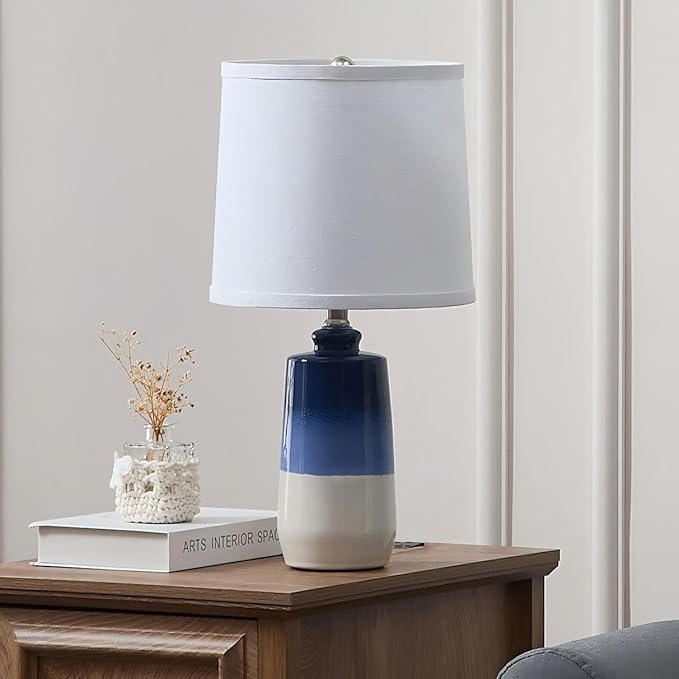 20.5" Ceramic Blue Lamps for Nightstand Set of 2, Blue Table Lamps for Living Room Set of 2, Coastal Table Lamps for Bedroom with White Barrel Lampshade, Blue White Ceramic Lamps for Small Space - Bloomnest