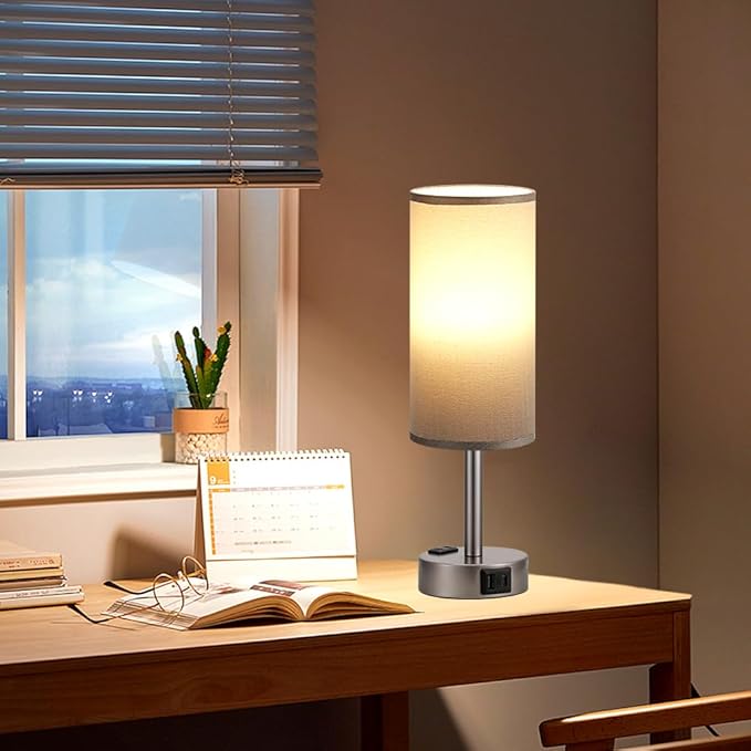 Fenmzee Grey Bedside Table Lamp for Bedroom - 3 Way Dimmable Touch Lamp USB C Charging Ports and AC Outlet, Small Lamp for Living Room, Desk, LED Bulb Included - Bloomnest