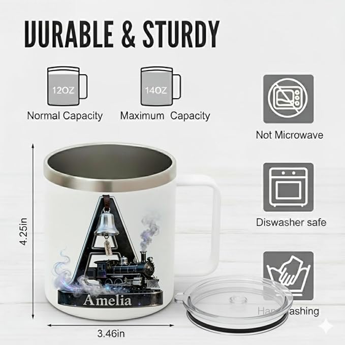 Personalized Polar Express Mug with Believe Bell & Custom Name - 14oz Insulated Hot Chocolate Tumbler with Lid - Magical Christmas Train Gift for Kids, Family (B69) - Bloomnest