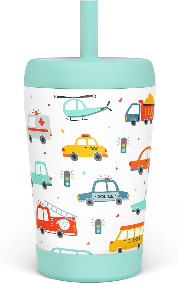 Kid Insulated Stainless Steel Tumbler with Silicone Straw, 12oz Sippy Cup for Kids (Transportation) - Bloomnest