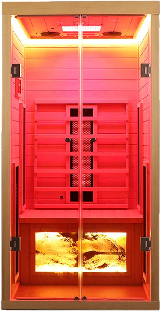 Hemlock 1 Person Infrared Sauna with Red Light Therapy, 1810W/120V Ceramic Far Infrared Sauna with 660nm & 850nm Red Light Therapy Lamp, 5x280W Ceramic Heaters, Bluetooth Speaker, Granite Back Panel KUNSANA