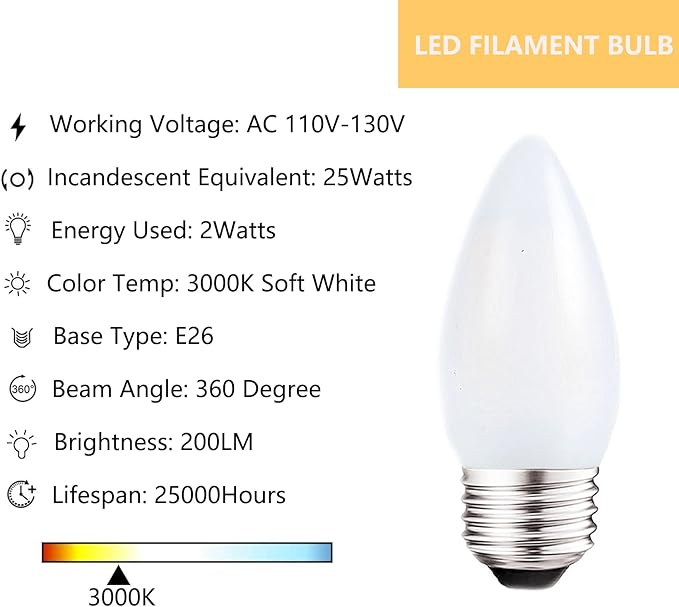 Frosted LED Candelabra Light Bulbs E26 Medium Base 2W Dimmable Soft White 3000K 25W Equivalent, LED Decorative Candle Light Bulbs for Chandelier and Ceiling Fan, 8 Pack - Bloomnest
