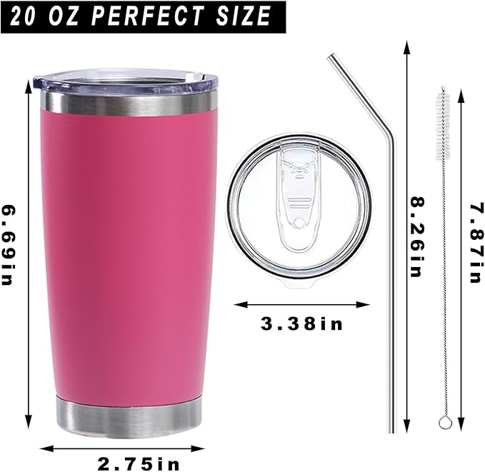 20oz insulted tumblers stainless steel cup Tumbler Bulk with push Lid, and metal straw powder coated coffee cup for cold and hot drinking (48, magenta) - Bloomnest