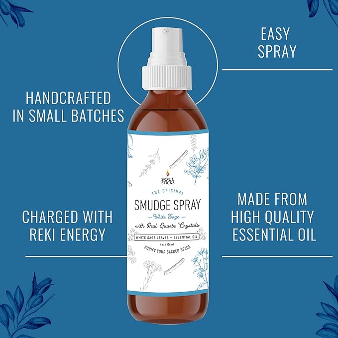 SOUL STICKS White Sage with Pearl Smudge Spray – 3.5oz Smokeless Energy Mist – Quartz Crystal & Pearl Infused Aura Cleanser – Spiritual Spray for Emotional Balance, Protection & Inner Peace SoulSticks