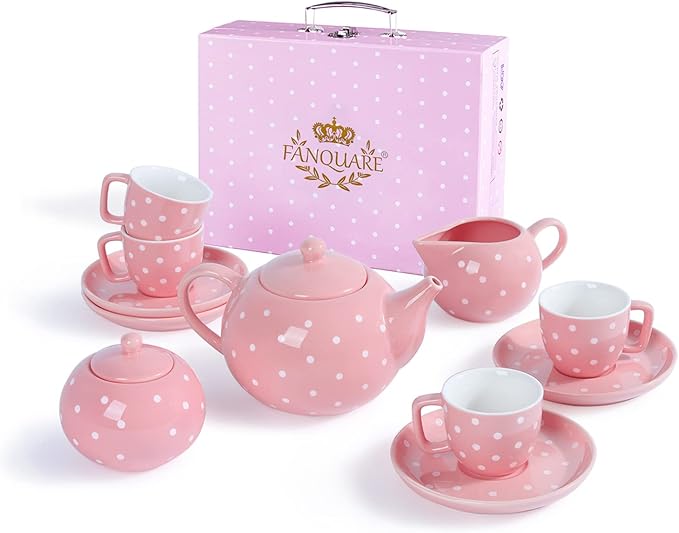 fanquare Porcelain Tea Service Set for Girls, 12Pieces Role Play Tea Sets with Box for Holiday Gifting Party, Pink and Polka Dot - Bloomnest
