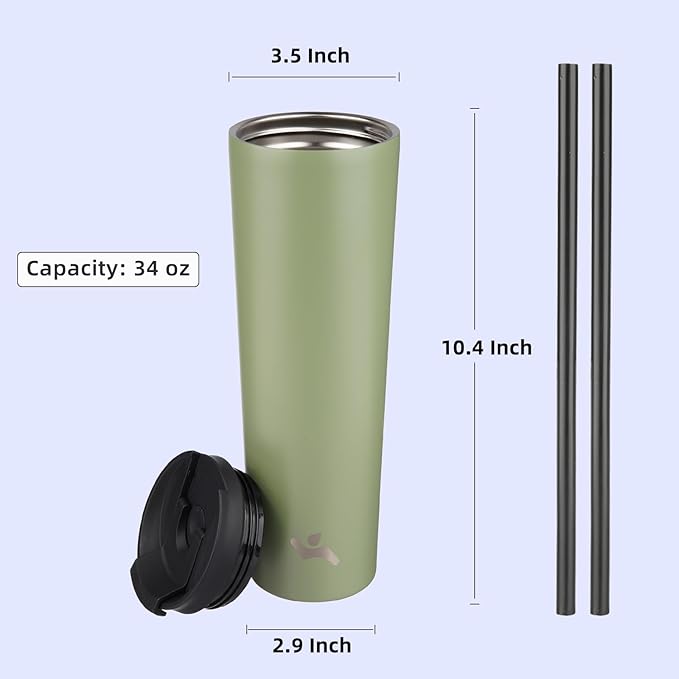 34 OZ Insulated Tumbler with Lid and 2 Straws Stainless Steel Water Bottle Vacuum Travel Mug Coffee Cup,ArmyGreen - Bloomnest