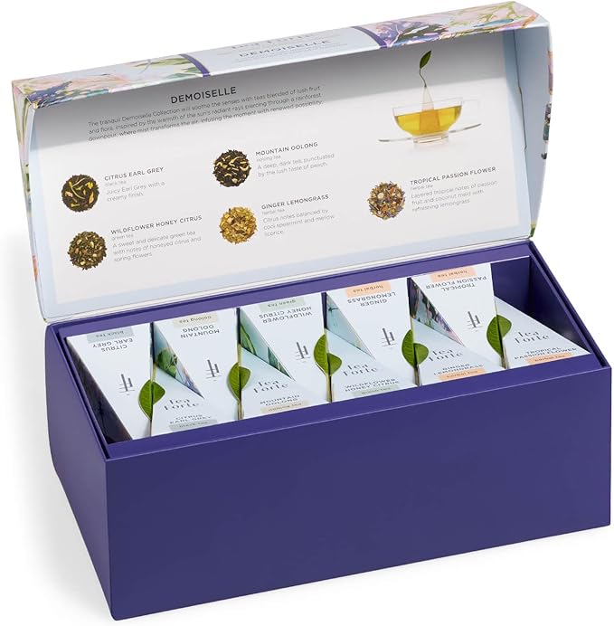 Tea Forte Demoiselle Premium Tea Presentation Box Tea Gift Sampler, 20 Count, 2 of Each Variety Individually Wrapped Handcrafted Pyramid Infuser Bags - Bloomnest