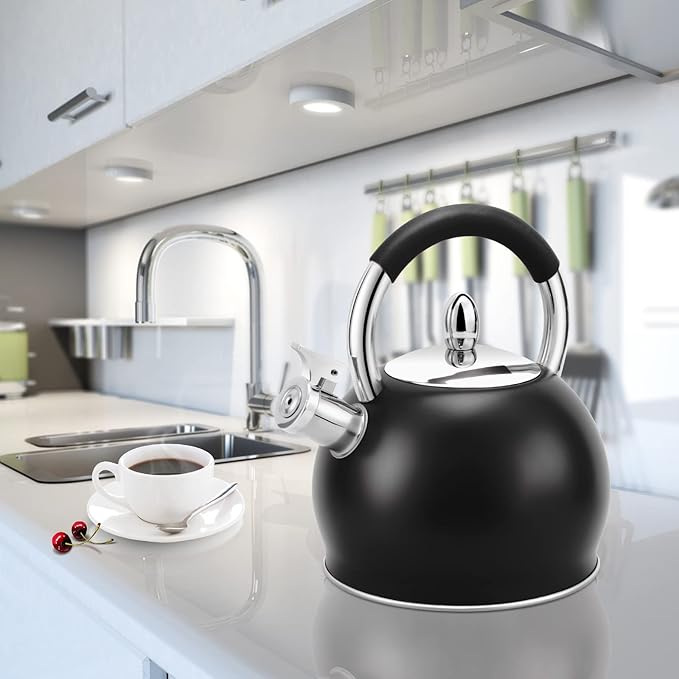 Whistling Tea Kettle for Stove Top Stainless Steel Tea Pot with Ergonomic Silicone Handle Teapot for Stovetop 3.2 Quart / 3 Liter Black - Bloomnest
