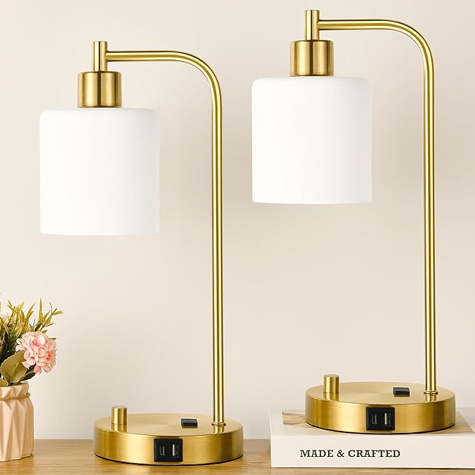 Lynnoland Set of 2 Industrial Table Lamps with USB C+A Ports and Outlet, Gold Fully Stepless Dimmable Bedside Lamps, Nightstand Lamp with Opal Glass Shade for Reading Office (2 LED Bulb) - Bloomnest