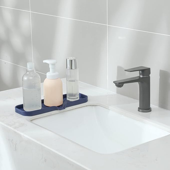 Silicone Bathroom Soap Dishes with Drain Spout-Kitchen Sink Organizer,Sponge Holder,Dish Soap Tray,Perfect for Dispenser,Scrubber,Bottle,Cup on Sink or Counter-Navy Blue 12"×4" - Bloomnest