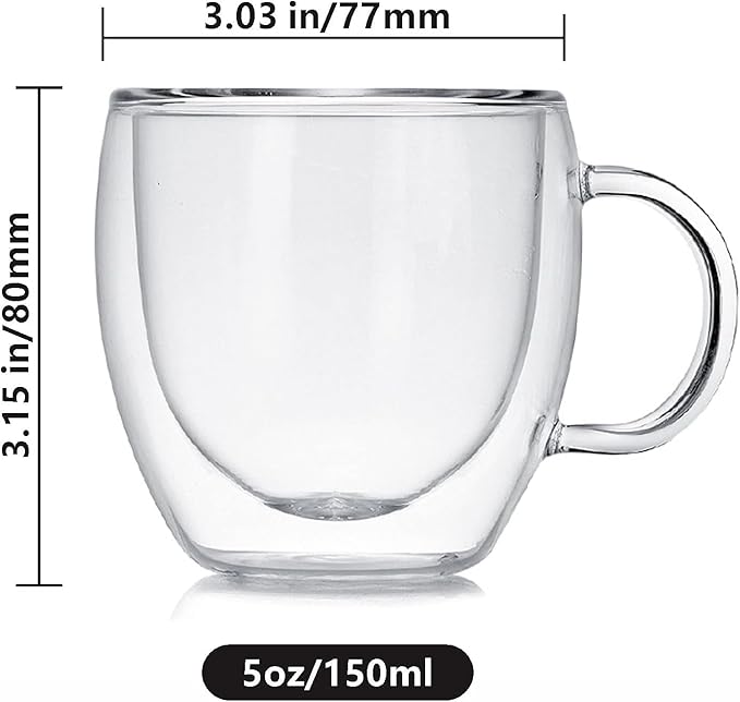 Espresso Cups Set Of 2 5 Oz, Double Walled Glass Coffee Mugs with Handle,Insulated Layer Coffee Cups,Clear Borosilicate Glass Mugs,Perfect for Cappuccino,Tea,Latte,Espresso,Hot Beverage,Wine - Bloomnest