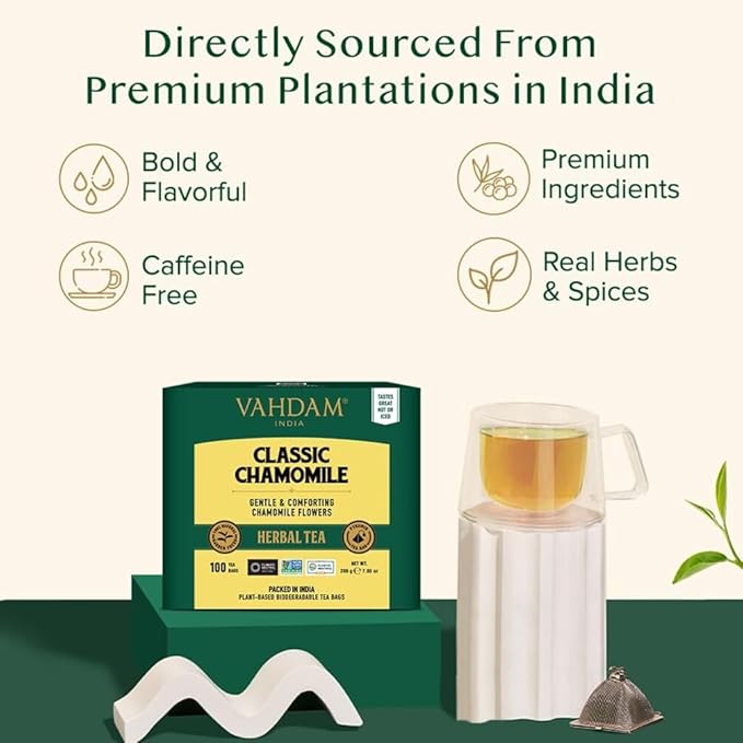VAHDAM, Chamomile Herbal Tea (100 Pyramid Tea Bags) Resealable Ziplock Pouch | Caffeine Free, Non GMO, Gluten Free | 100% Pure Tisane - Sweet & Floral | Made With Natural Chamomile Flowers - Bloomnest