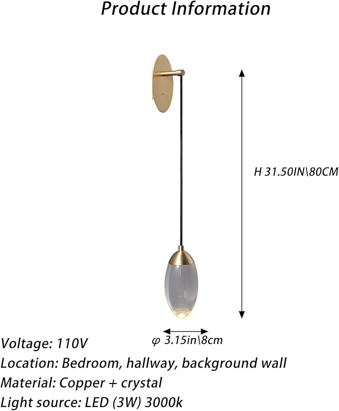 Luxurious Clear Water Drops Crystal Wall Lamp,5W 3000K Contemporary 1-Light Brass Wall Lamp,Modern Creative LED Home Decor Lighting Fixture for Bedroom Bedside - Bloomnest