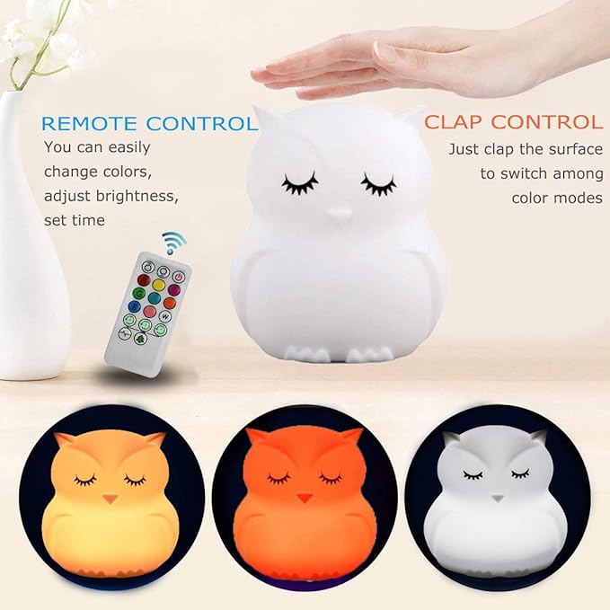 Owl Night Light Baby Bedside Lamp Child, Silicone Nursery Lamp for Breastfeeding Bedroom Mood Lights, Eye Caring, Adjustable Brightness & Color, Time Setting, Holiday Gifts - Medium - Bloomnest