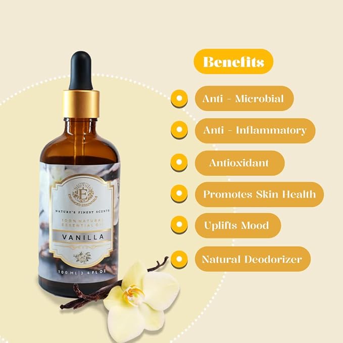 Luxurious Vanilla Essential Oil by Enhanced Essentials|Slow Distilled & Pure|Concentrated Oils for Diffusers,Skin Care, Aromatherapy, Bath,Perfume,Gifting,Soap & Candle Making|3.38 Fl Oz (100 ml) Bloomnest