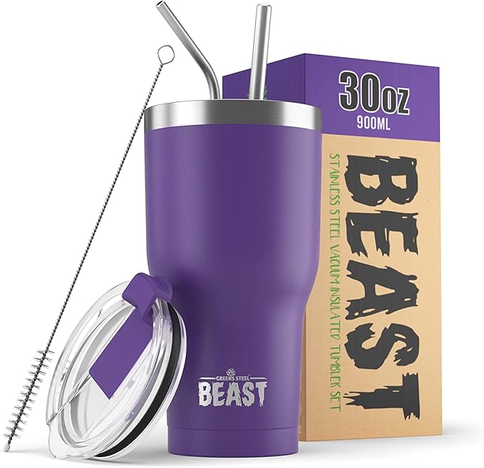 Beast 30 oz Tumbler Stainless Steel Vacuum Insulated Coffee Ice Cup Double Wall Travel Flask (Purple) - Bloomnest