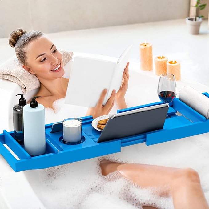 Domax Bathtub Caddy Tray - Expandable Bamboo Tub Tray for Luxury Spa Bath with Book Holder Free Soap Dish Blue - Bloomnest